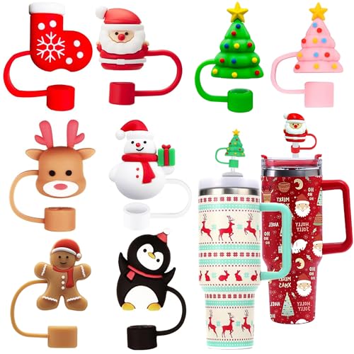 8PCS Christmas Straw Toppers for Stanley Cup Holiday Straw Cover for Stanley 30oz & 40oz Tumbler with Handle (8 Count)