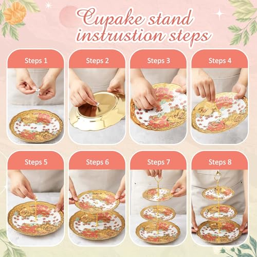 21 Pcs Porcelain Tea Set for Women Tea Party with Metal Holder and 3 Tier Cake Stand Ceramic European Floral Teapot Set for Adults Mother's Day Christmas Thoughtful Gift