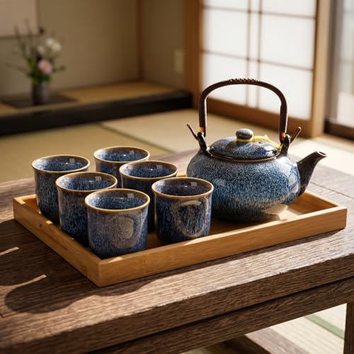 Japanese Asian Tea Set for Adults with 1 Teapot 6 Cups 1 Tray