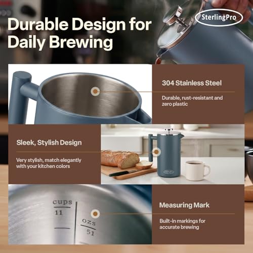 Non Toxic Large Insulated Stainless Steel French Press Coffee Maker 51oz Capacity