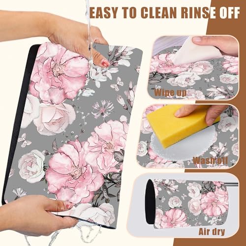 Pink Flowers and Leaves Coffee Mat Absorbent Dish Drying Mat for Kitchen Counter Hide Stain Rubber Backed Coffee Bar Accessories Fit Under Espresso Machine Dish Drainer