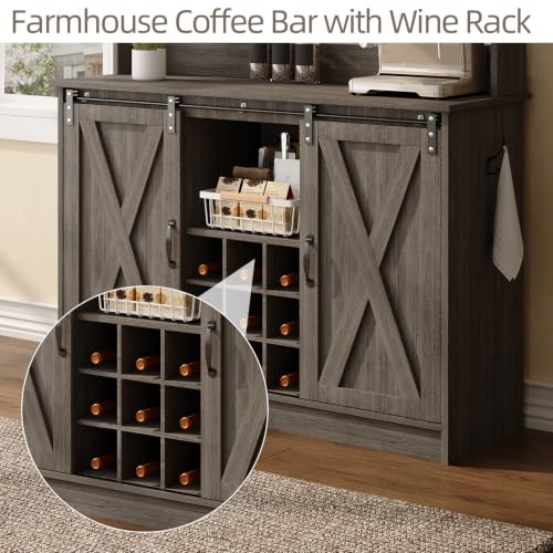 47" Coffee Bar Cabinet with Storage Hutch & Wine Rack