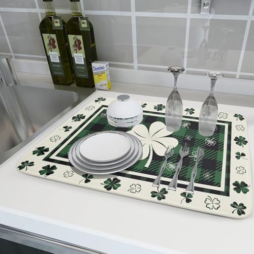 Patrick Clovers Dish Drying Mat 18"x24" Lucky Shamrock Spring Leaf Dish Drainer Mats Green Black Buffalo Plaids Absorbent Microfiber Dish Drying Pad for Kitchen Countertop Large Decor