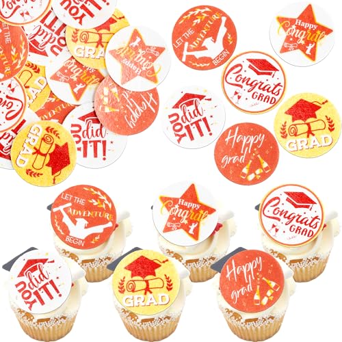 48Pcs 2026 Graduation Cupcake Toppers Wafer Paper Class of 2026 Cake Decorations Edible Congrats Grad Cupcake Picks for 2026 Graduation Theme Party Cake Supplies Red Gold (48 Count)