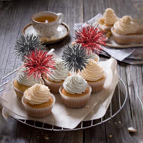 40 PCS Foil Firework Cupcake Toppers Sparkle Tinsel Cupcake Picks Fireworks Birthday Party Decorations Cocktail Fruit Toothpick for Birthday Wedding Graduation Party Decorations Supplies Black Red (40 Count)