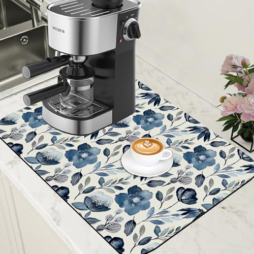 Blue Flowers Dish Drying Mat for Kitchen Counter Coffee Bar Mat Hide Stain Absorbent Coffee Mat with Non