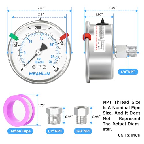 0~400Psi Stainless Steel Liquid Filled Pressure Gauge 2.5" FACE DIAL 1
