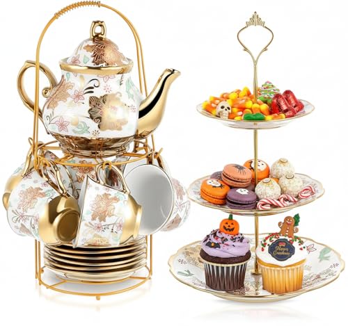 21 Pcs Porcelain Tea Set for Women Tea Party with Metal Holder and 3 Tier Cake Stand Ceramic European Floral Teapot Set for Adults Mother's Day Christmas Thoughtful Gift