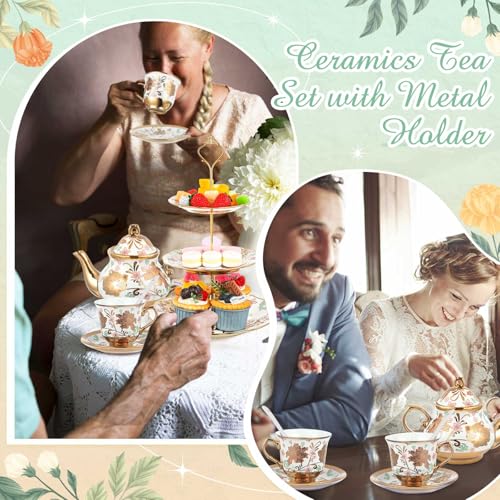 21 Pcs Porcelain Tea Set for Women Tea Party with Metal Holder and 3 Tier Cake Stand Ceramic European Floral Teapot Set for Adults Mother's Day Christmas Thoughtful Gift