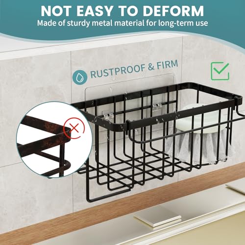4-in-1 Sponge Holder for Kitchen Sink, Sink Caddy Organizers and Storage with Adhesive Hook & Suction Cups, Rustproof Kitchen Sink Organizer for Home Decor - Black
