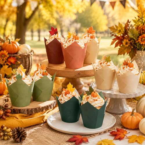 180 Pcs Autumn Tulip Cupcake Liners Warm Fall Muffin Baking Cups Wedding Colors Cupcake Wrappers for Thanksgiving Harvest Party Supplies Table Decor (180 Count)