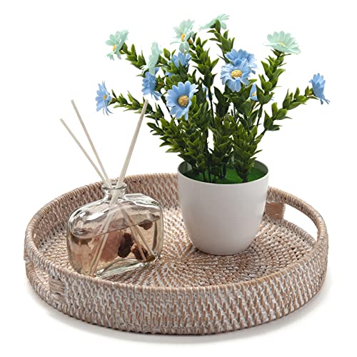 Round Rattan Serving Tray Decorative Woven Ottoman Trays with Handles for Coffee Table White