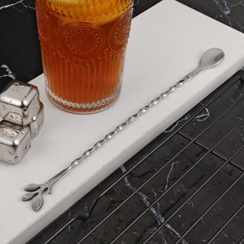Silver 10 Inch Stainless Steel Cocktail Spoon with Leaf Handle