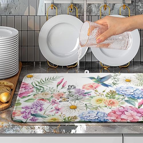 Spring Floral Birds Dish Drying Mat Summer Butterfly Flowers Kitchen Dish Drying Pad Daisy Absorbent Dish Dryer Mat for Kitchen Countertops Microfiber Dishes Drainer Pad