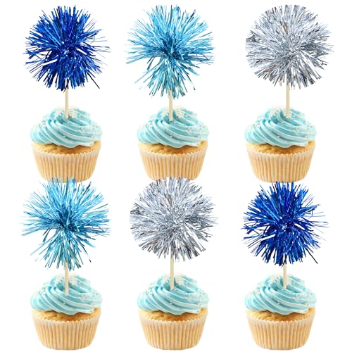 30Pcs Foil Firework Cupcake Toppers Sparkle Tinsel Cake Toppers Tinsel Drink Cake Decoration Cocktail Picks for Birthday Wedding Graduation Party Supplies Blue Silver (30 Count)