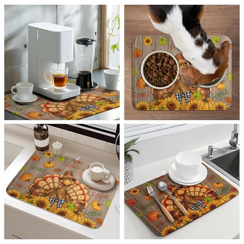Happy Thanksgiving Turkey Dish Drying Mats Fall Pumpkin Dish Mat Drying Matt Autumn Dishes Dryer Pad for Kitchen Counter Absorbent Microfiber Washable Foldable Reusable 18x24 in