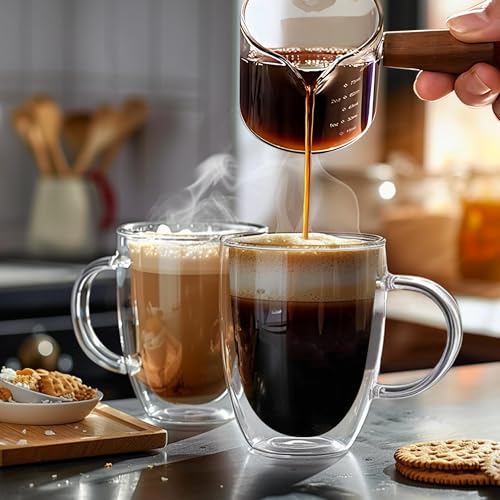 12 Ounces Set of 2 Double Walled Glass Coffee Mugs with Handle Insulated Layer Coffee Cups Borosilicate Glass Espresso Double Insulated Clear Glass Coffee Mug for Hot Beverages (2 Count)
