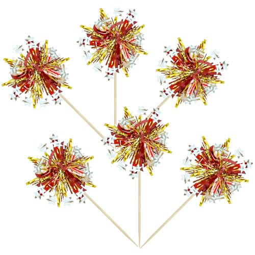 30Pcs Foil Firework Cupcake Toppers Sparkle Tinsel Cupcake Picks Happy Birthday Cake Decorations Drink Stirrers Cocktail Food Fruit Toothpicks for Baby Shower Graduation Party Supplies Gold Red (30 Count)