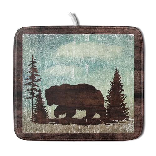 Retro Brown Bear Forest Cabin Dish Drying Mat Countertop 16x18 Fall Blue Sky Cloud Cartoon Wild Animal Bushes Drainer Mat Pine Tree Grass Dishes Pad Rustic Floral Dish Drainer Rack