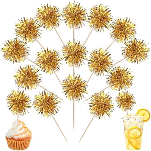 40 PCS Foil Firework Cupcake Toppers Fireworks Cupcake Picks Sparkle Tinsel Cake Decorations Cocktail Fruit Toothpick for Firework Theme Birthday Wedding Graduation Party Decorations Supplies Gold (40 Count)
