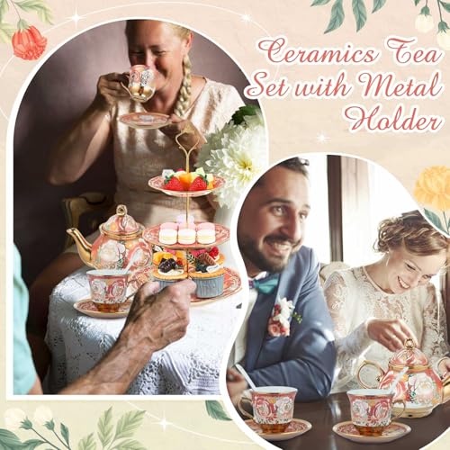 21 Pcs Porcelain Tea Set for Women Tea Party with Metal Holder and 3 Tier Cake Stand Ceramic European Floral Teapot Set for Adults Mother's Day Christmas Thoughtful Gift