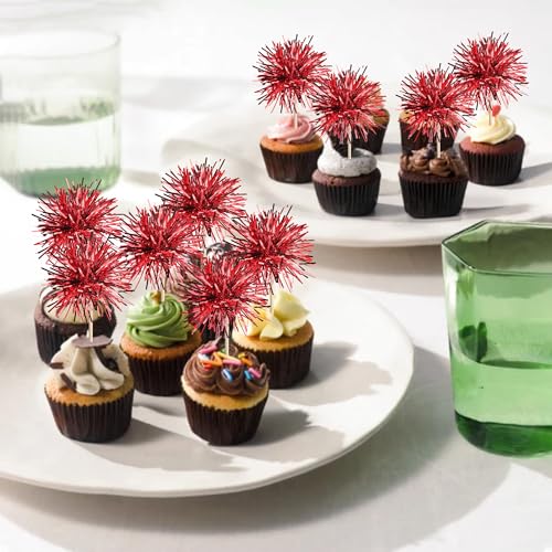 40 PCS Foil Firework Cupcake Toppers Sparkle Tinsel Cupcakae Picks Sparkler Fireworks Party Decorations Cocktail Fruit Toothpick for Birthday Wedding Graduation Party Decorations Supplies Red (40 Count)