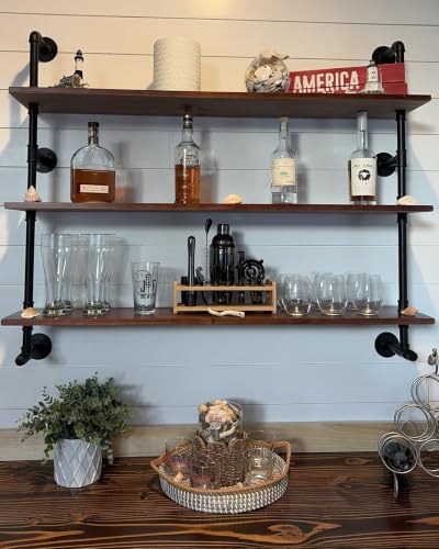 Industrial Pipe Wall Shelves Pipe Shelving with Real Wood Plank 48 Inches