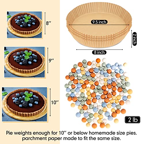 1 Pack 2 lb Multi Color Pie Weights for Baking Crust Reusable Ceramic Blind Baking Beans Stoneware with 50 Pcs Disposable Parchment Paper Pie Liner Fit 8
