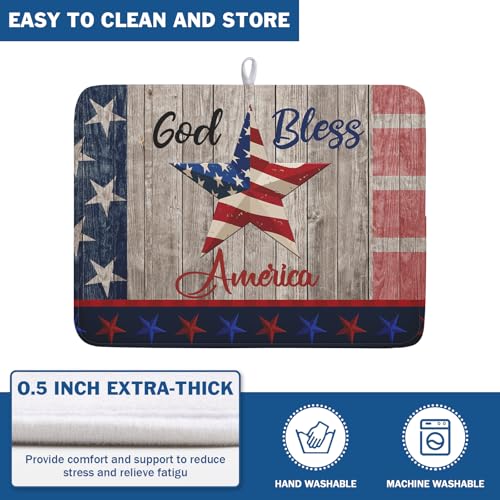4th of July Dish Drying Mat 18x24 Inch Patriotic God Bless America Memorial Kitchen Mats Independence Day Absorbent Dishes Pad for Kitchen Counter USA Star Drying Mat Home Decor for Countertop