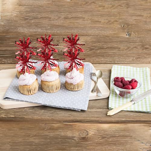 30 PCS Foil Firework Cupcake Toppers Sparkle Tinsel Cupcake Picks Happy Birthday Cake Toppers Drink Stirrers Cocktail Food Fruit Toothpicks for Baby Shower Birthday Party Decorations Supplies Red (30 Count)