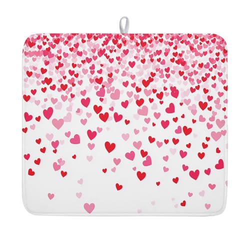 Valentine's Day Dish Drying Mat for Kitchen Counter Love Heart Kitchen Dish Drying Pad 16”x18” Absorbent Reversible Happy Valentine Dishes Drainer Pad Dish Drying Rack Mat for Countertop