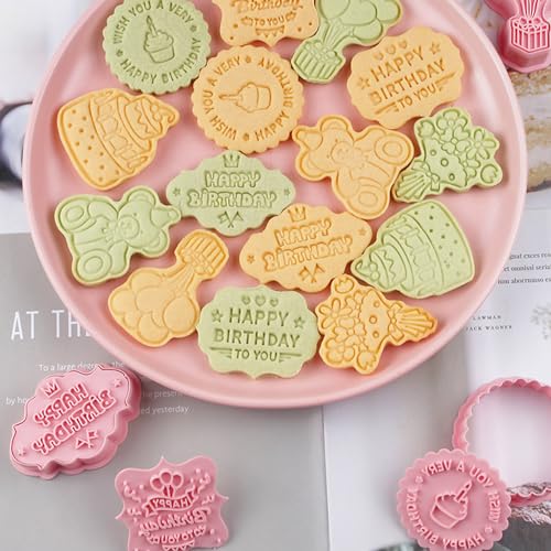 8PCS Happy Birthday Cookie Cutter Sets 3D Plastic Cookie Cutters with Plunger Stamps Pressable Biscuit Mold Cookie Molds Cake Baking Fondant Cutter Birthday Party DIY Cookie Decorating Supplies (8 Count)