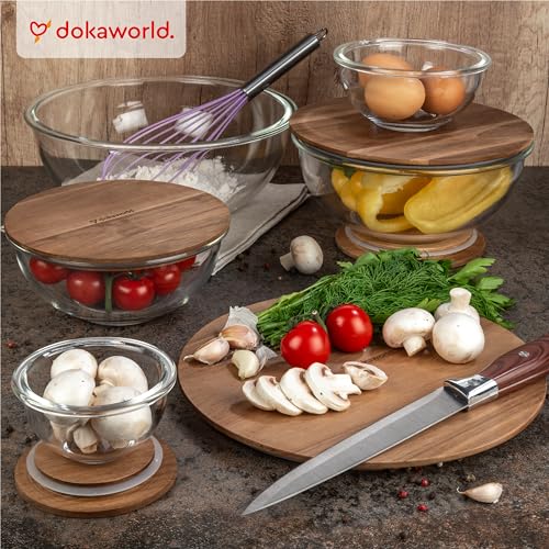 Stackable Glass Mixing Bowls with Acacia Lids Set of 5