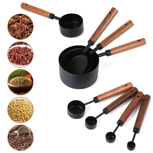 Stainless Steel Measuring Cups Set and Measuring Spoons Wooden Handle Metal Measure Cups and Spoons for Cooking and Baking