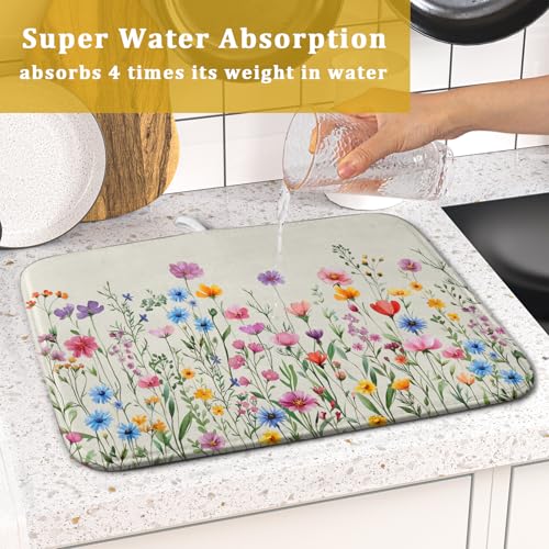 Spring Floral Dish Drying Mat 16"x18" Watercolor Summer Wildflower Dish Drainer Mats Herb Flower Reversible Absorbent Dish Drying Pad Decor for Kitchen Countertop Dining Room