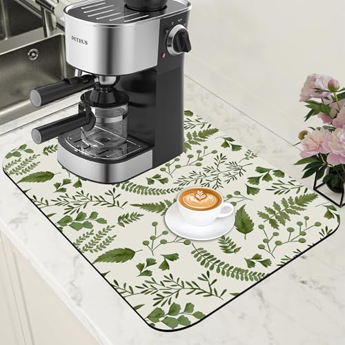 Green Leaf Coffee Mat Herb Dish Drying Mat for Kitchen Counter Hide Stain Rubber Backed Absorbent Coffee Bar Accessories Fit Under Espresso Machine Cafe Table
