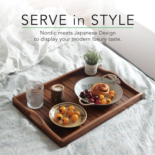 Large Acacia Wooden Serving Tray with Handles 20 x 14 inch Decorative Coffee Table Ottoman Tray for Living Room Extra Large for Kitchen Dinner Food Bar Breakfast in Bed