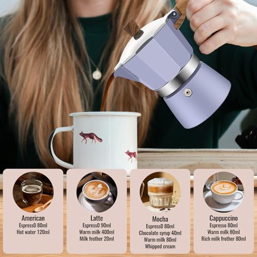6 Cup Aluminum Moka Pot Classic Stovetop Espresso Coffee Maker 300ml 10oz Coffeemaker Percolator Mocha Pot Greca Coffee Maker Cafe Makers for Italian and Cuban Café Brewing Purple