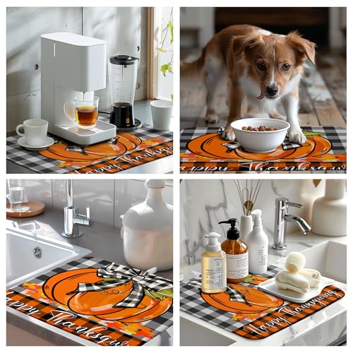 Fall Pumpkin Dish Drying Mats Thanksgiving Kitchen Drying Mat Buffalo Plaid Microfiber Large Dish Dryer Pad Maple Leaves Absorbent Dishes Drain Matt XL Washable Foldable