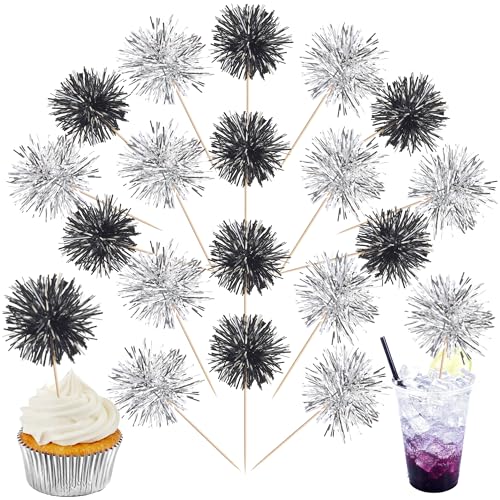 40 PCS Foil Firework Cupcake Toppers Sparkle Tinsel Cupcakae Picks Foil Firework Party Decorations Cocktail Fruit Toothpick for Fireworks Theme Birthday Wedding Graduation Party Decor Black Silver (40 Count)