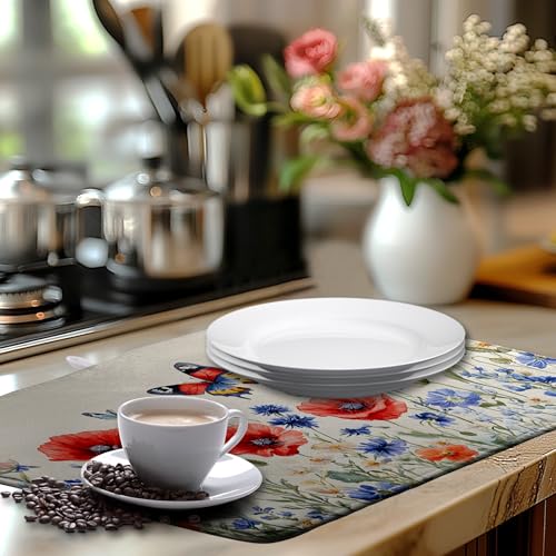 Patriotic Dish Drying Mats for Kitchen Counter 4th of July Kitchen Dishes Dryer Pad Red Blue Flowers Absorbent Dish Mat Microfiber Washable Foldable Reusable Large 18x24 in