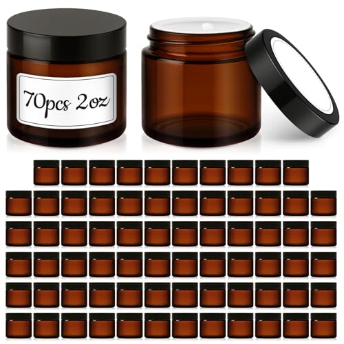 70 Pack 2 oz Amber Glass Jars with Lids (70 Count)