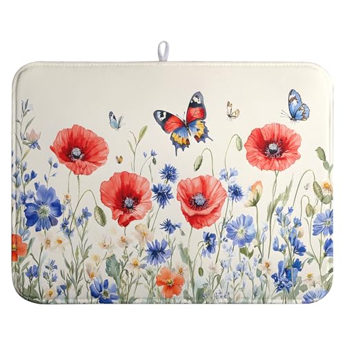 Patriotic Dish Drying Mats for Kitchen Counter 4th of July Kitchen Dishes Dryer Pad Red Blue Flowers Absorbent Dish Mat Microfiber Washable Foldable Reusable Large 18x24 in