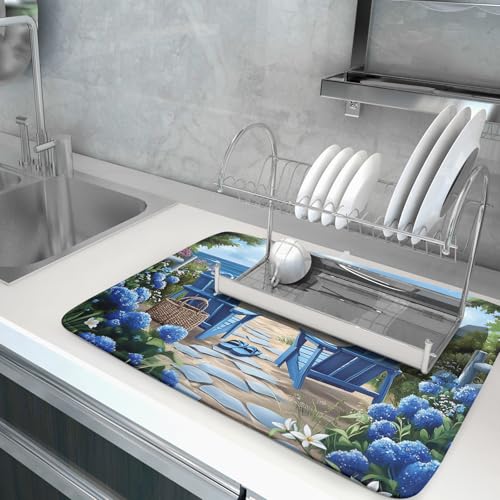Summer Beach Dish Drying Mat 18x24 Inch Sea Shells Flowers Kitchen Mats Blue Microfiber Absorbent Dish Drainer Rack Mats Non