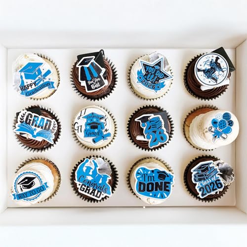 48Pcs Edible Graduation Cap 2026 Cupcake Toppers Wafer Paper Grad Cap Diploma Cake Decoration Picks for 2026 Grad Theme Party Cake Decor Supplies Black Blue (48 Count)