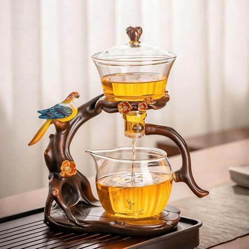 Lazy Kungfu Glass Tea Set Heat Resistant Semi Automatic Drip Rotating with Infuser Magnetic Teapot Set for Gongfu Tea Making Ideal