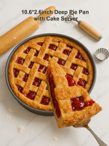 10×2.6 Inch Deep Pie Pan with Cake Server for Pie Tart Quiche Baking. Round Cake Pan with Non