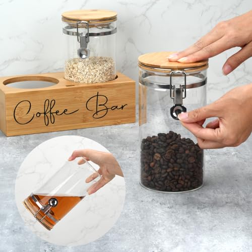 Glass Coffee Canister Set with Bamboo Shelf & Spoon