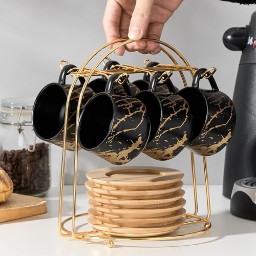 Ceramic Espresso Cups with Saucers and Metal Stand (7.6 Count)