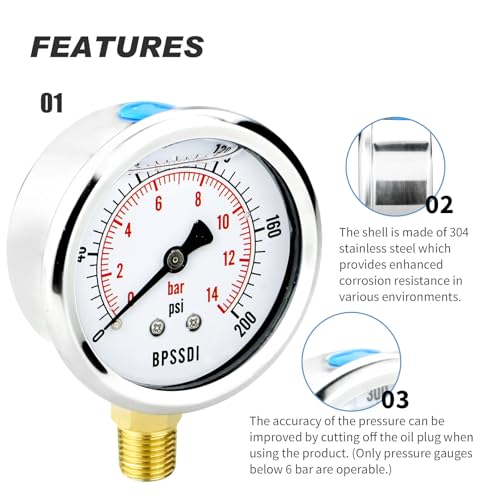 0 200 Psi Glycerin Liquid Filled Low Pressure Gauge